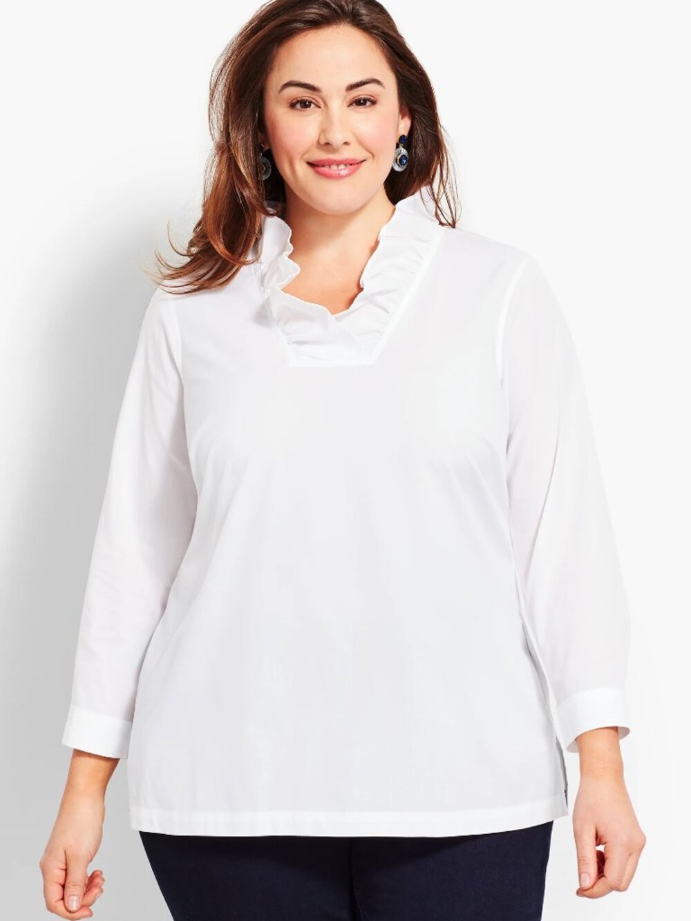 Talbots Women's Plus Size Ruffle-Neck Popover Tunic Top in White Size 24W